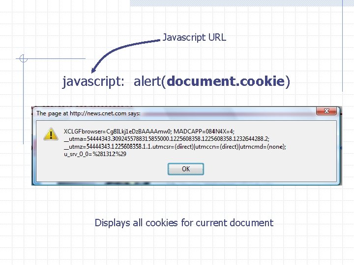 Javascript URL javascript: alert(document. cookie) Displays all cookies for current document 