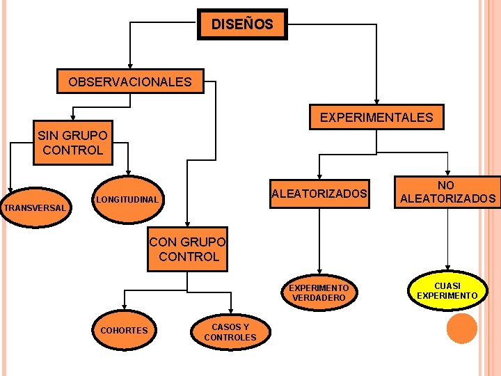 DISEÑOS OBSERVACIONALES EXPERIMENTALES SIN GRUPO CONTROL TRANSVERSAL LONGITUDINAL ALEATORIZADOS NO ALEATORIZADOS EXPERIMENTO VERDADERO CUASI