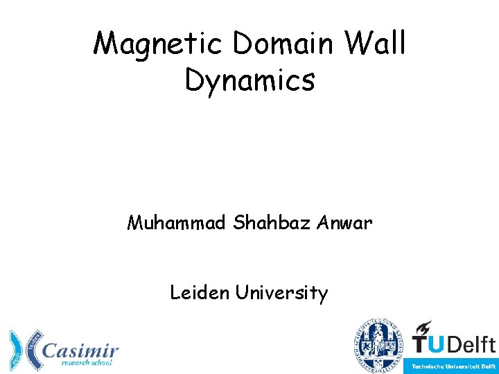 Magnetic Domain Wall Dynamics Muhammad Shahbaz Anwar Leiden University 