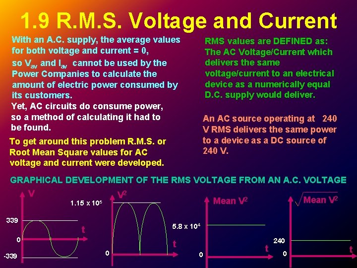 1. 9 R. M. S. Voltage and Current With an A. C. supply, the 1. 9 R. M. S. Voltage and Current With an A. C. supply, the
