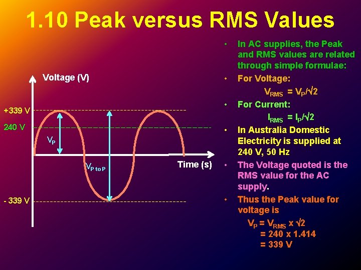 1. 10 Peak versus RMS Values • Voltage (V) • • +339 V 240 1. 10 Peak versus RMS Values • Voltage (V) • • +339 V 240