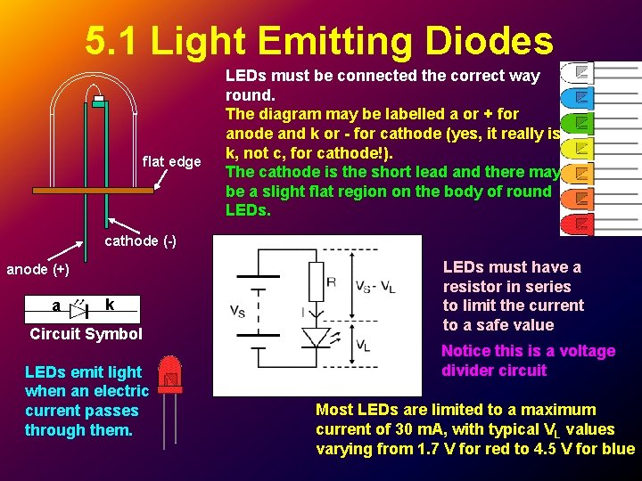 5. 1 Light Emitting Diodes flat edge LEDs must be connected the correct way 5. 1 Light Emitting Diodes flat edge LEDs must be connected the correct way