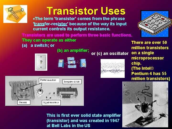 Transistor Uses The term 'transistor' comes from the phrase 'transfer-resistor' because of the way Transistor Uses The term 'transistor' comes from the phrase 'transfer-resistor' because of the way