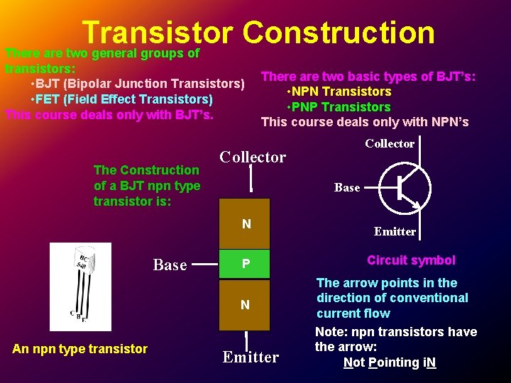 Transistor Construction There are two general groups of transistors: • BJT (Bipolar Junction Transistors) Transistor Construction There are two general groups of transistors: • BJT (Bipolar Junction Transistors)