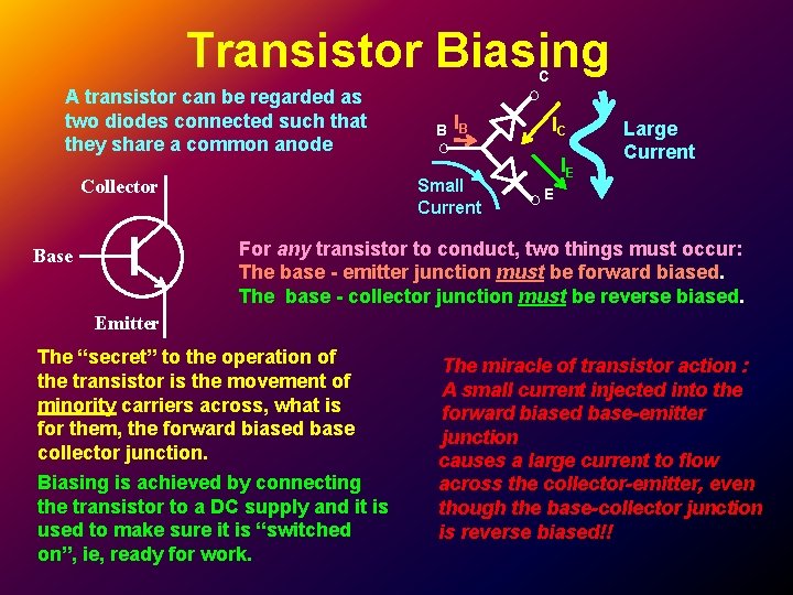 Transistor Biasing C A transistor can be regarded as two diodes connected such that Transistor Biasing C A transistor can be regarded as two diodes connected such that