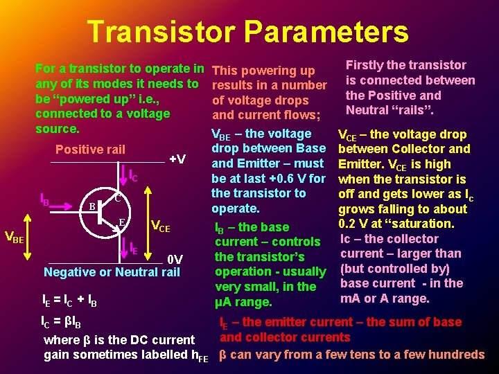 Transistor Parameters VBE Firstly the transistor For a transistor to operate in This powering Transistor Parameters VBE Firstly the transistor For a transistor to operate in This powering