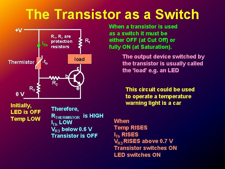 The Transistor as a Switch +V ITh Thermistor R 1, R 2 are protection The Transistor as a Switch +V ITh Thermistor R 1, R 2 are protection