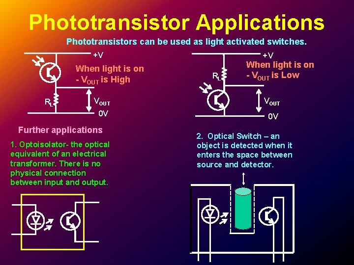Phototransistor Applications Phototransistors can be used as light activated switches. +V When light is Phototransistor Applications Phototransistors can be used as light activated switches. +V When light is