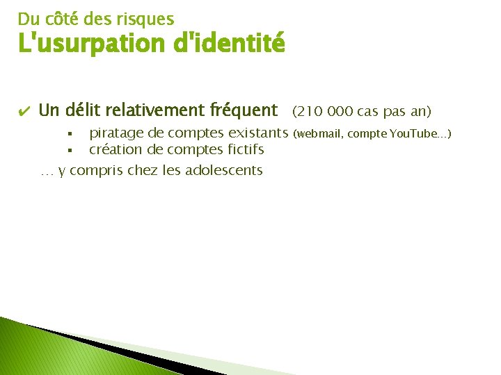 Du côté des risques L'usurpation d'identité ✔ Un délit relativement fréquent (210 000 cas
