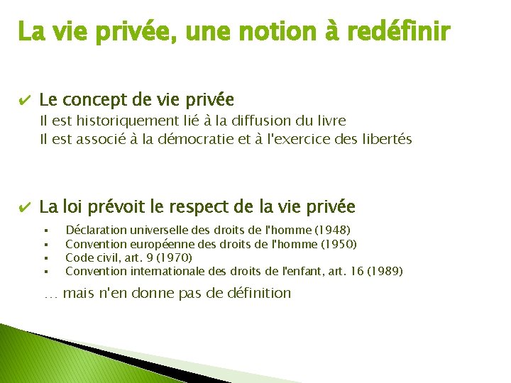 La vie privée, une notion à redéfinir ✔ Le concept de vie privée Il