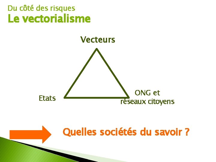 Du côté des risques Le vectorialisme Vecteurs Etats ONG et réseaux citoyens Quelles sociétés