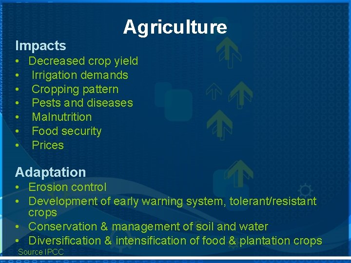 Agriculture Impacts • Decreased crop yield • Irrigation demands • Cropping pattern • Pests