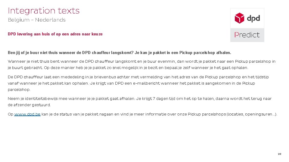 Integration texts Belgium - Nederlands DPD levering aan huis of op een adres naar