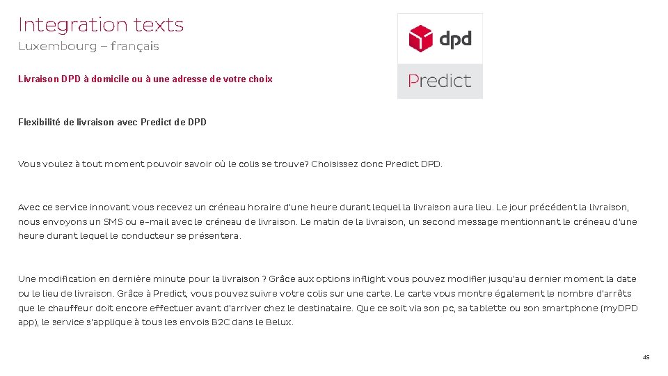 Integration texts Luxembourg – français Livraison DPD à domicile ou à une adresse de