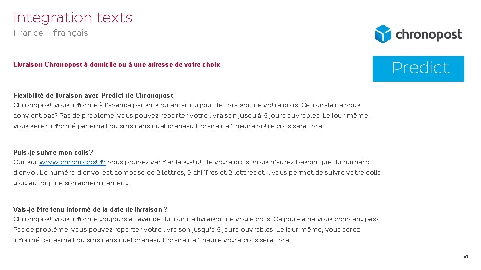 Integration texts France – français Livraison Chronopost à domicile ou à une adresse de