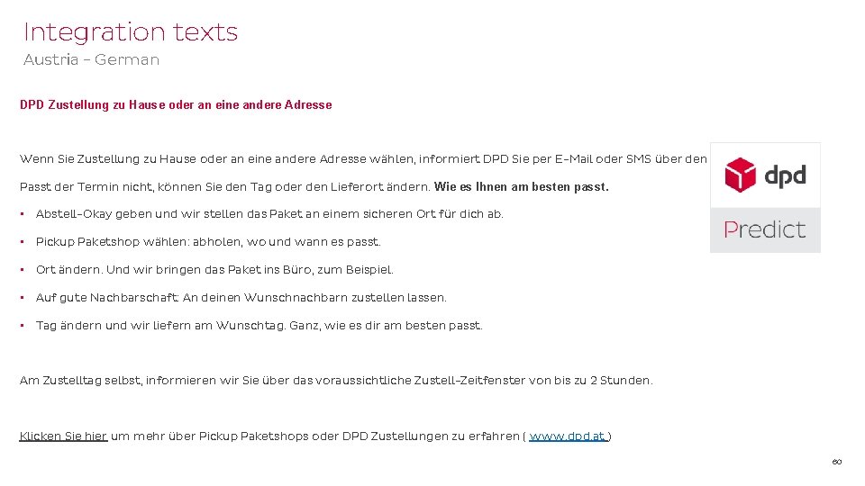 Integration texts Austria - German DPD Zustellung zu Hause oder an eine andere Adresse