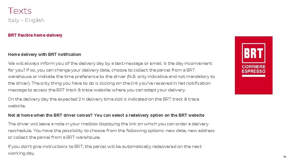 Texts Italy - English BRT flexible home delivery Home delivery with BRT notification We