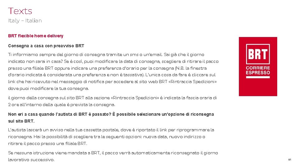 Texts Italy - Italian BRT flexible home delivery Consegna a casa con preavviso BRT