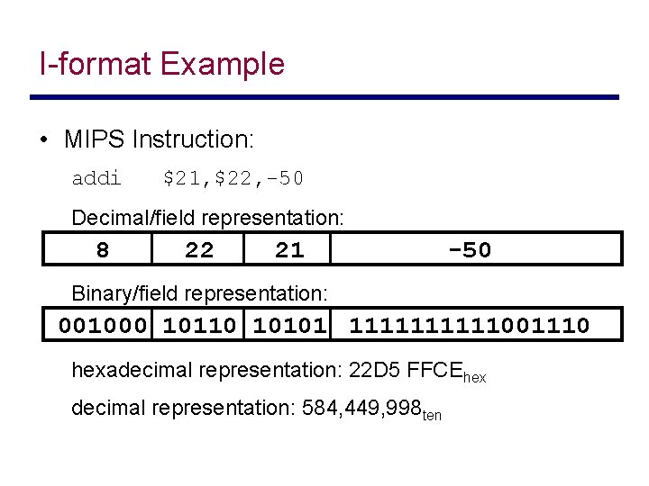 I-format Example • MIPS Instruction: addi $21, $22, -50 Decimal/field representation: 8 22 21