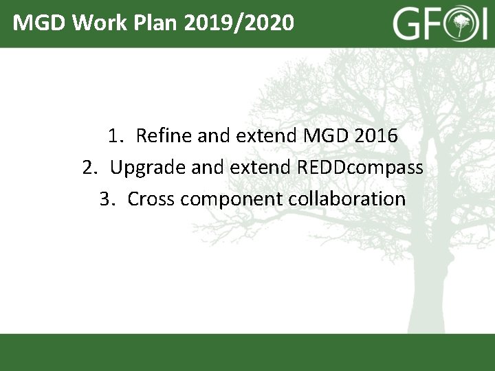MGD Work Plan 2019/2020 1. Refine and extend MGD 2016 2. Upgrade and extend
