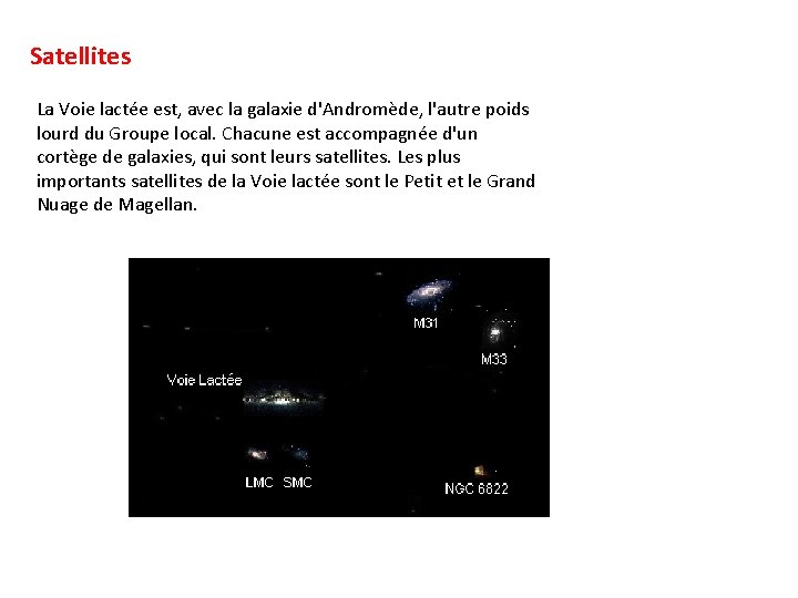 Satellites La Voie lactée est, avec la galaxie d'Andromède, l'autre poids lourd du Groupe