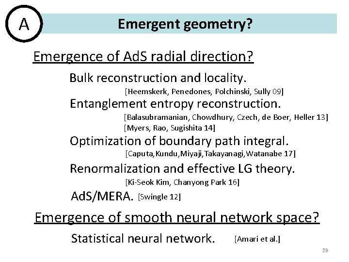 A Emergent geometry? Emergence of Ad. S radial direction? Bulk reconstruction and locality. [Heemskerk, A Emergent geometry? Emergence of Ad. S radial direction? Bulk reconstruction and locality. [Heemskerk,