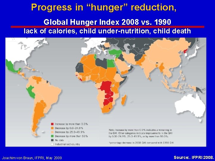 Progress in “hunger” reduction, Global Hunger Index 2008 vs. 1990 lack of calories, child