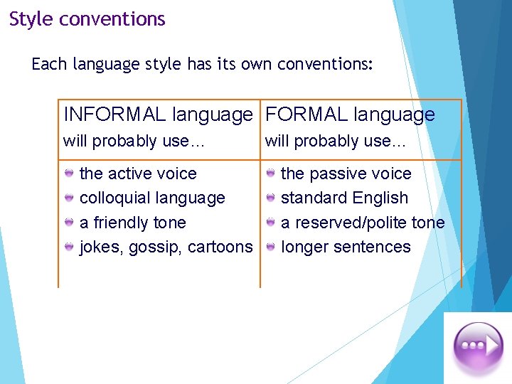 Style conventions Each language style has its own conventions: INFORMAL language will probably use…