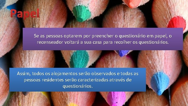 Papel Se as pessoas optarem por preencher o questionário em papel, o recenseador voltará