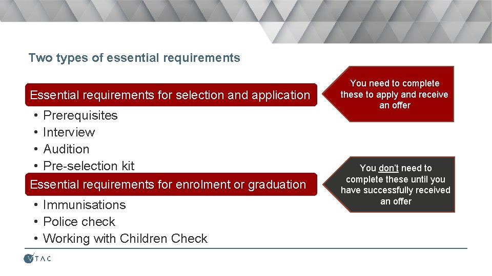 Two types of essential requirements Essential requirements for selection and application • • Prerequisites