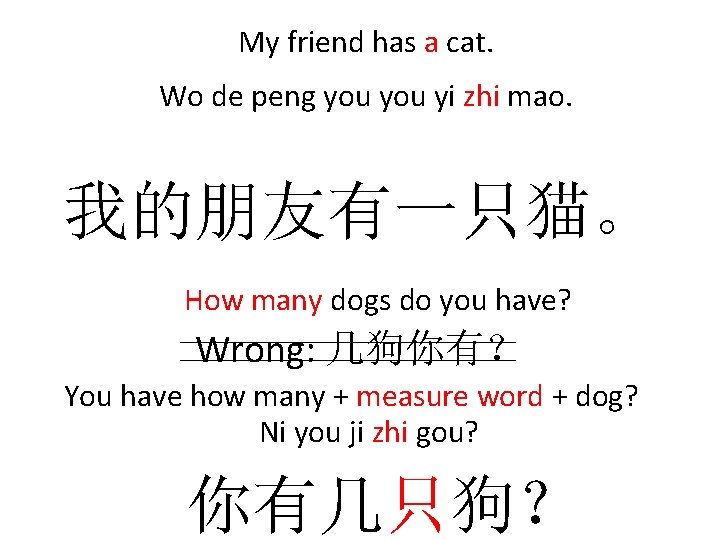 My friend has a cat. Wo de peng you yi zhi mao. 我的朋友有一只猫。 How