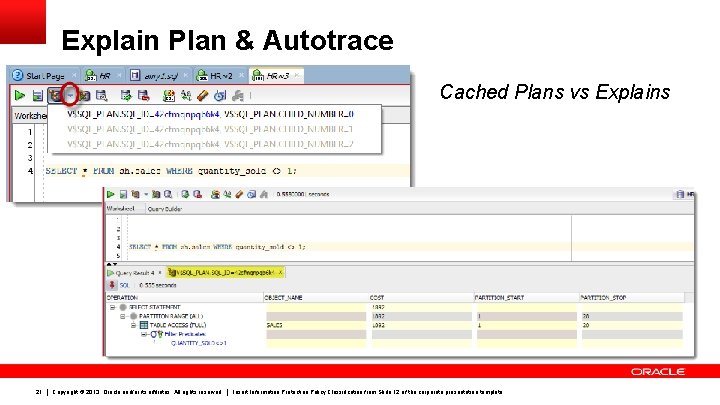Explain Plan & Autotrace Cached Plans vs Explains 21 Copyright © 2013, Oracle and/or