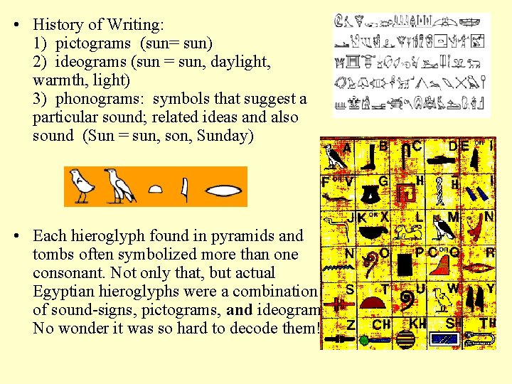  • History of Writing: 1) pictograms (sun= sun) 2) ideograms (sun = sun,