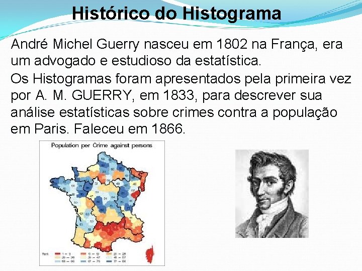 Histórico do Histograma André Michel Guerry nasceu em 1802 na França, era um advogado