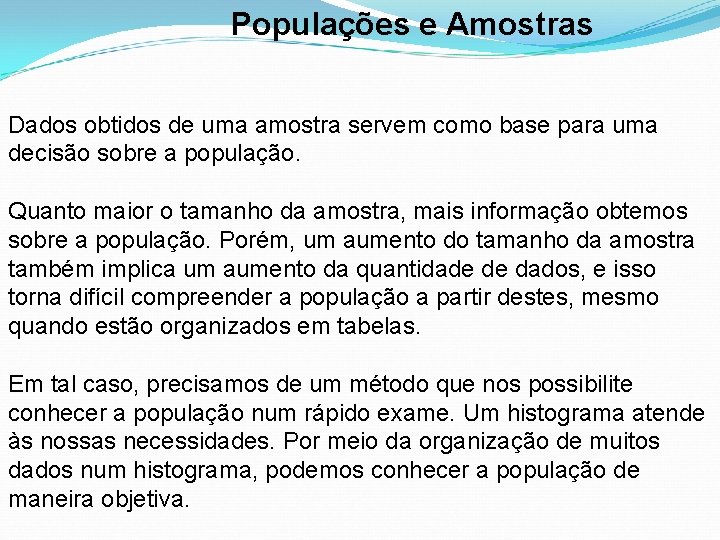 Populações e Amostras Dados obtidos de uma amostra servem como base para uma decisão