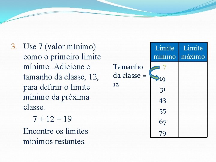 3. Use 7 (valor mínimo) como o primeiro limite mínimo. Adicione o tamanho da