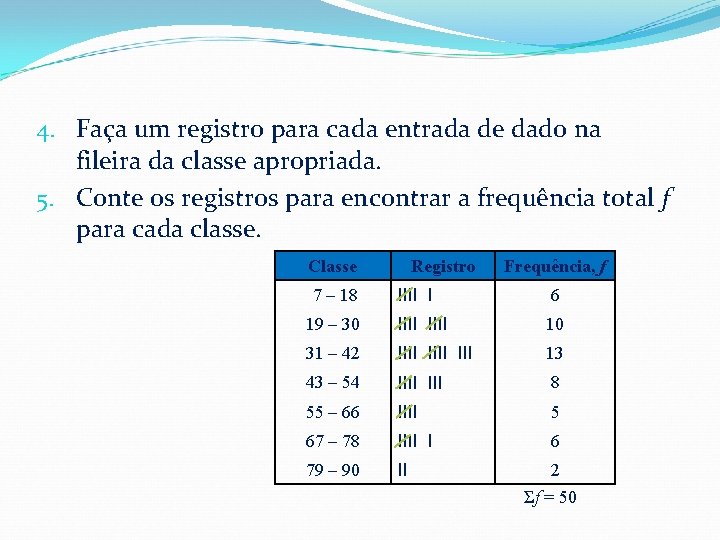 4. Faça um registro para cada entrada de dado na fileira da classe apropriada.