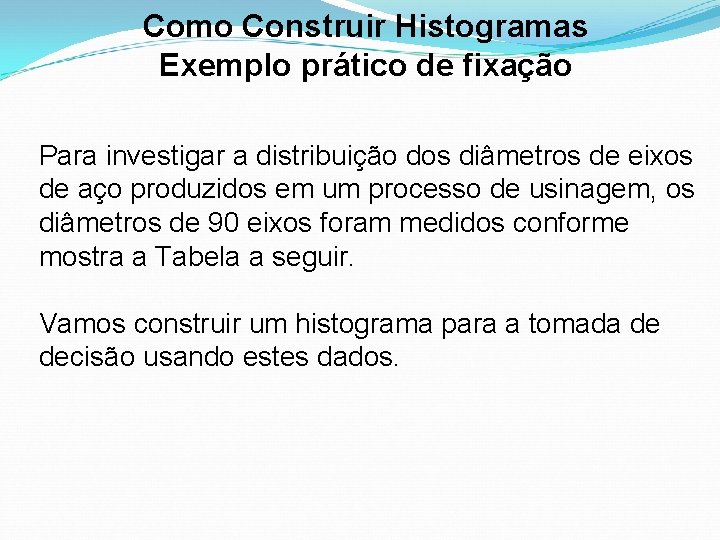 Como Construir Histogramas Exemplo prático de fixação Para investigar a distribuição dos diâmetros de