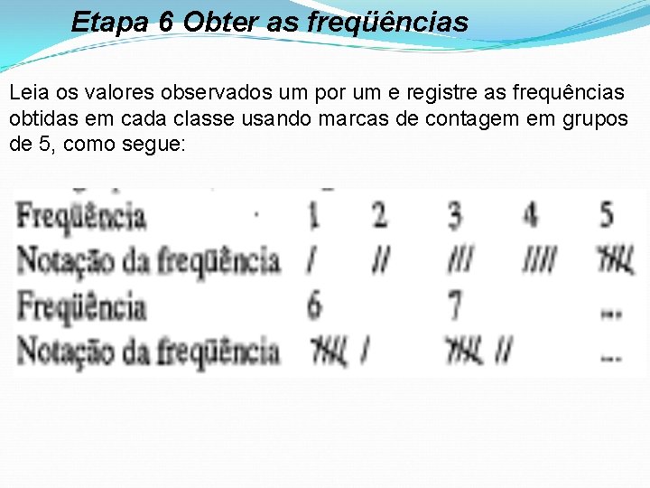 Etapa 6 Obter as freqüências Leia os valores observados um por um e registre