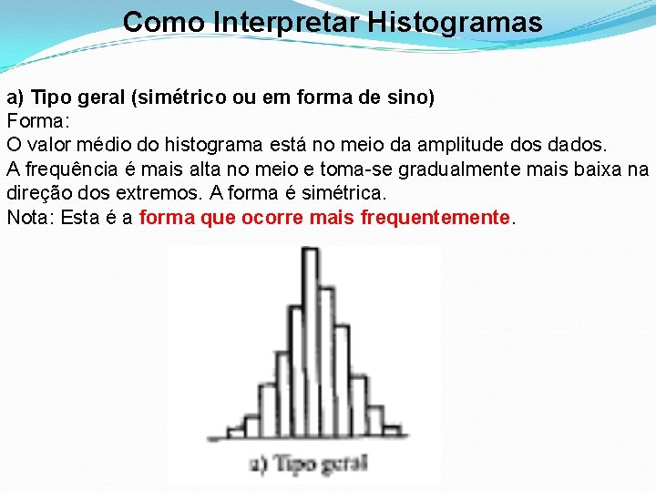 Como Interpretar Histogramas a) Tipo geral (simétrico ou em forma de sino) Forma: O