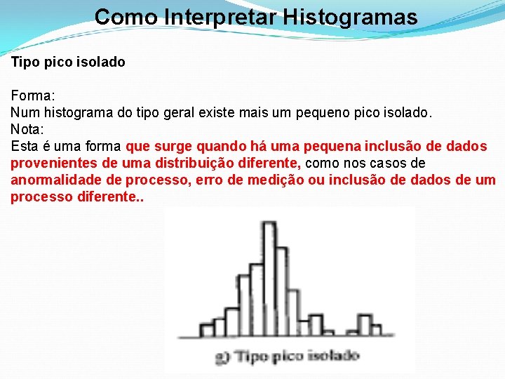 Como Interpretar Histogramas Tipo pico isolado Forma: Num histograma do tipo geral existe mais