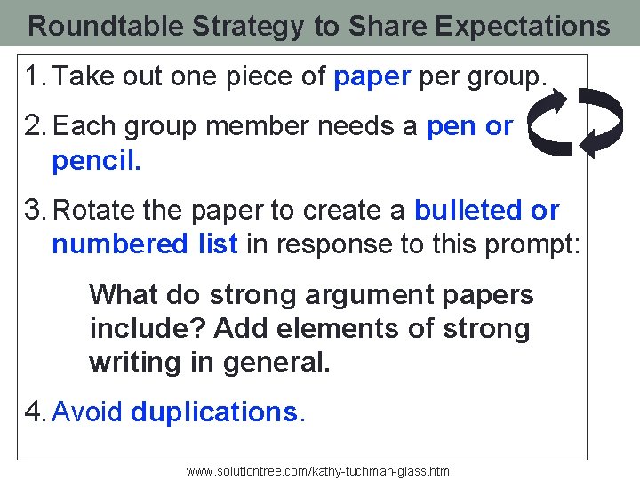 Roundtable Strategy to Share Expectations 1. Take out one piece of paper group. 2.