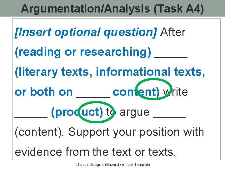 Argumentation/Analysis (Task A 4) [Insert optional question] After (reading or researching) _____ (literary texts,