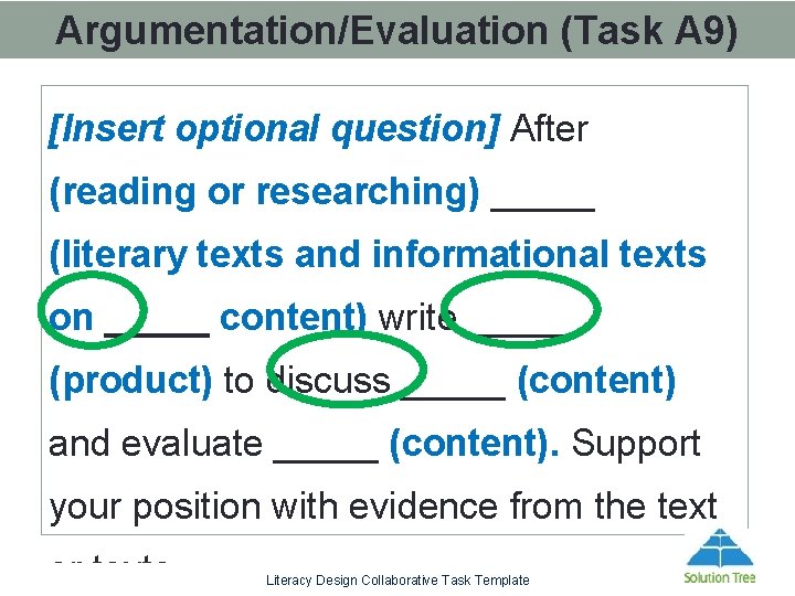 Argumentation/Evaluation (Task A 9) [Insert optional question] After (reading or researching) _____ (literary texts