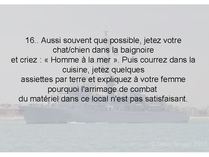 16. . Aussi souvent que possible, jetez votre chat/chien dans la baignoire et criez