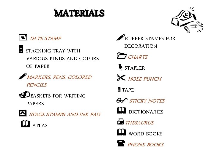 MATERIALS DATE STAMP STACKING TRAY WITH VARIOUS KINDS AND COLORS OF PAPER MARKERS, PENS,