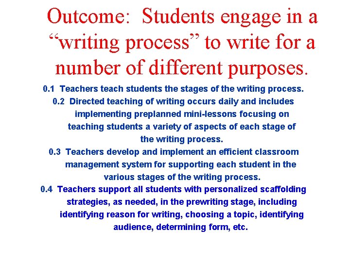 Outcome: Students engage in a “writing process” to write for a number of different