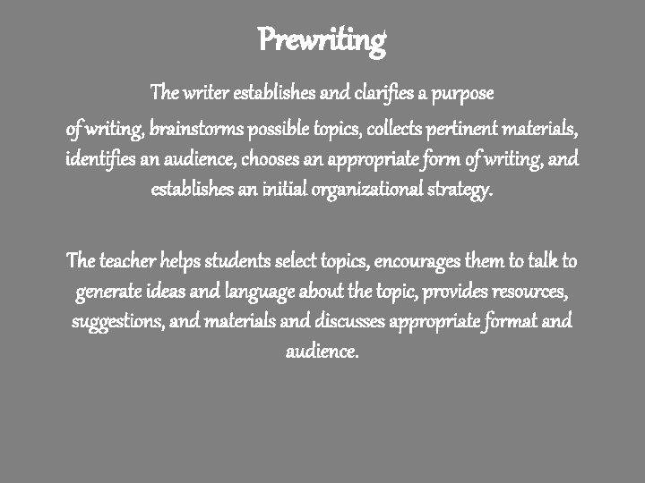 Prewriting The writer establishes and clarifies a purpose of writing, brainstorms possible topics, collects