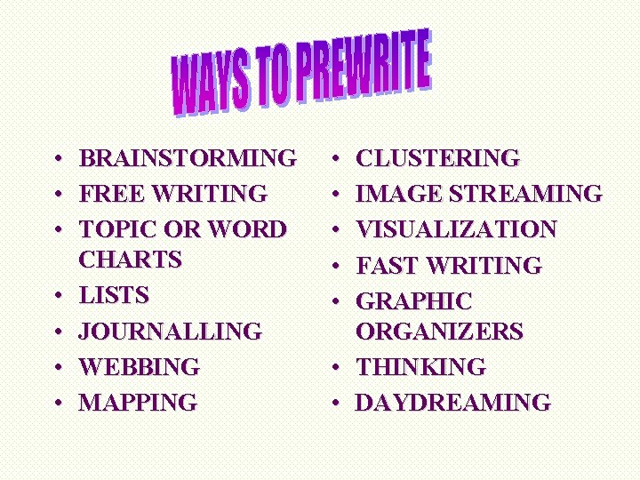  • • BRAINSTORMING FREE WRITING TOPIC OR WORD CHARTS LISTS JOURNALLING WEBBING MAPPING