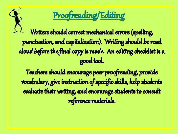 Proofreading/Editing Writers should correct mechanical errors (spelling, punctuation, and capitalization). Writing should be read